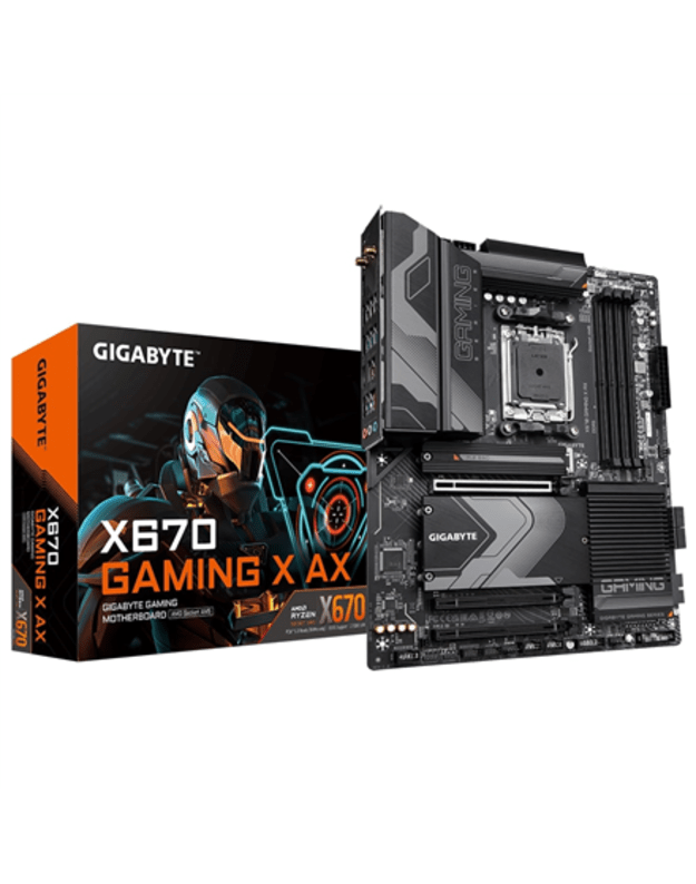 Gigabyte | X670 GAMING X AX 1.0 M/B | Processor family AMD | Processor socket AM5 | DDR5 DIMM | Memory slots 4 | Supported hard disk drive interfaces SATA, M.2 | Number of SATA connectors 4 | Chipset AMD X670 | ATX