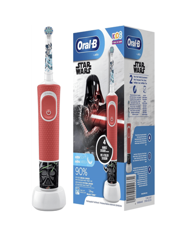 Oral-B Kids Star Wars Electric Toothbrush with Disney Stickers, 2 Replacement Heads, Red