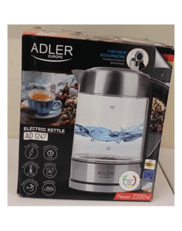 SALE OUT. Adler AD 1247 NEW Kettle, Electronic control, Glass, 1.7 L, 2200, Stainless steel/Transparent Adler Kettle AD 1247 NEW Adler With electronic control 1850 - 2200 W 1.7 L Stainless steel, glass 360° rotational base Stainless steel/Transparent 