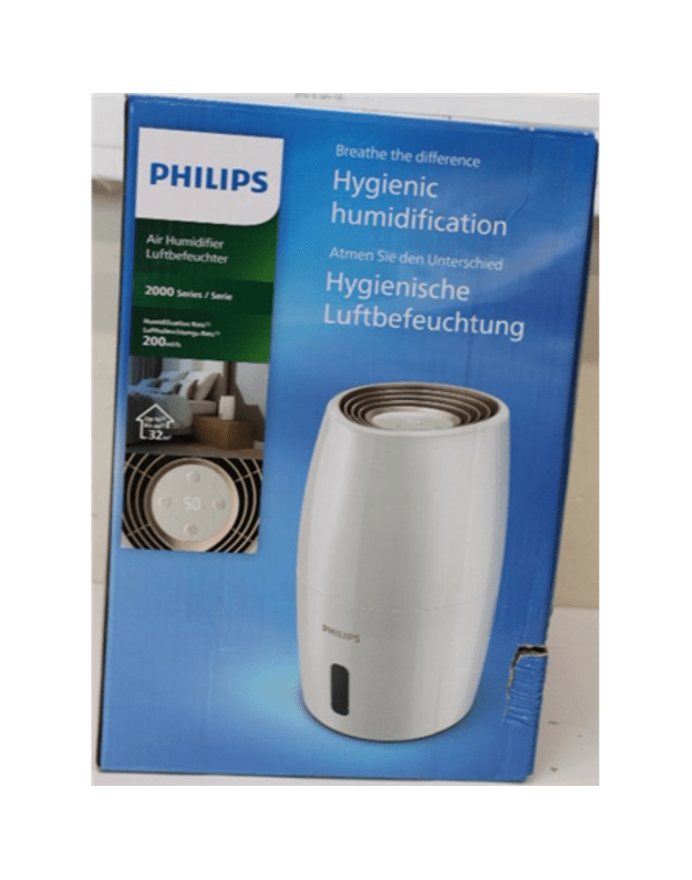 SALE OUT. Philips HU2716/10 Humidifier, room space up to 32 m2, tank capacity 2L, White Philips HU2716/10 Humidifier 17 W Water tank capacity 2 L Suitable for rooms up to 32 m² NanoCloud evaporation Humidification capacity 200 ml/hr White DAMAGED PAC