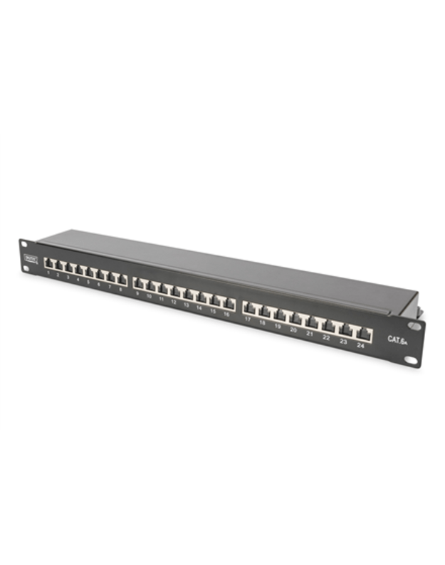 Digitus | Patch Panel | CAT 6A | RJ45, 8P8C | m | RJ45 shielding (Tinned bronze) | Suitable for 483 mm (19 ) cabinet mounting Transmission properties: Category 6A, Class EA Area of application: Up to 500 MHz, 10GBase-T Size:482.6 x 44 x 109mm