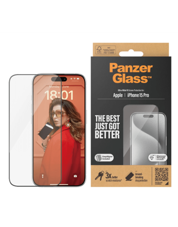 PanzerGlass | Screen protector | Apple | iPhone 15 Pro | Glass | Clear | Easy installation Fingerprint resistant Anti-yellowing | Ultra-Wide Fit