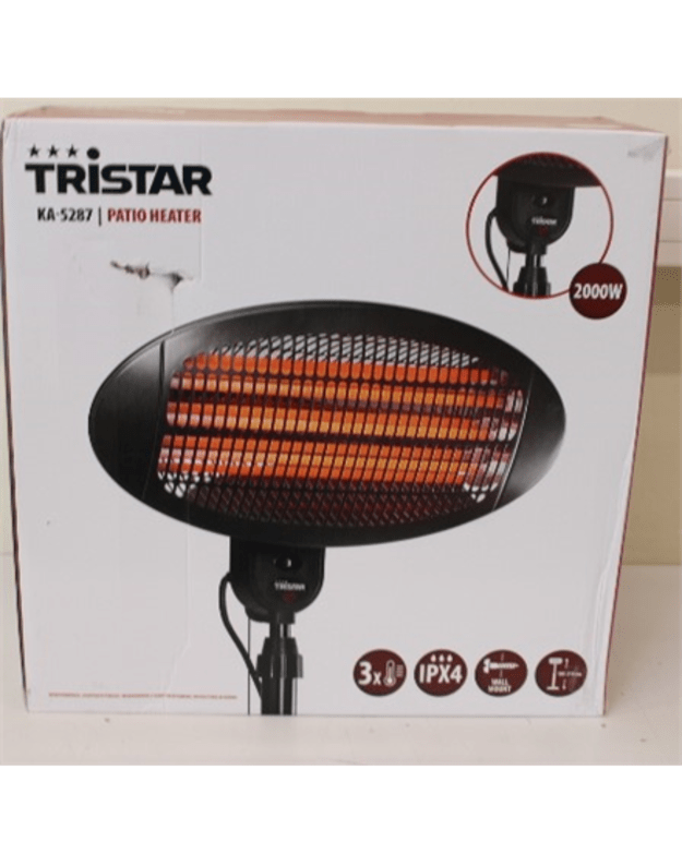 SALE OUT.Tristar KA-5287 Patio Heater, Black Tristar Heater KA-5287 Tristar Patio heater 2000 W Number of power levels 3 Suitable for rooms up to 20 m² Black DAMAGED PACKAGING, SCRATCHES RIGHT ON THE SIDE IPX4 | Tristar | Heater | KA-5287 | Patio hea