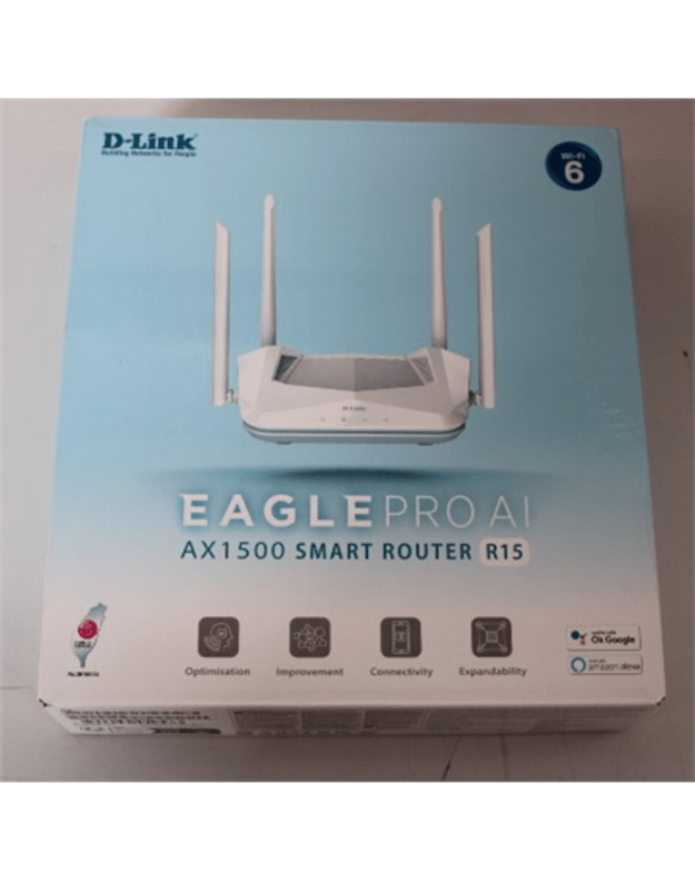 SALE OUT. D-Link R15 AX1500 Smart Router D-Link AX1500 Smart Router R15 802.11ax 1200+300 Mbit/s 10/100/1000 Mbit/s Ethernet LAN (RJ-45) ports 3 Mesh Support Yes MU-MiMO Yes No mobile broadband Antenna type 4xExternal DEMO | AX1500 Smart Router | R15 | 80