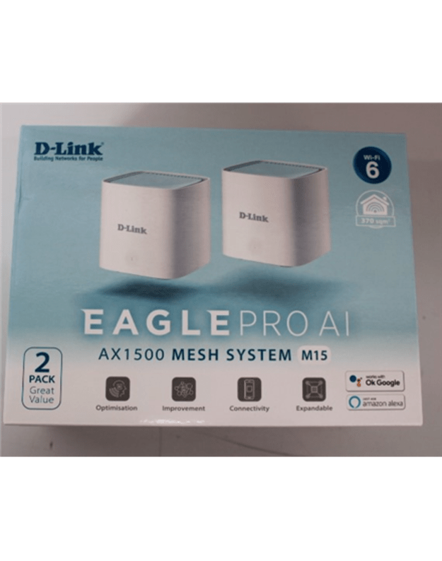 SALE OUT. D-Link M15-2 EAGLE PRO AI AX1500 Mesh System D-Link EAGLE PRO AI AX1500 Mesh System M15-2 (2-pack) 802.11ax 1200+300 Mbit/s 10/100/1000 Mbit/s Ethernet LAN (RJ-45) ports 1 Mesh Support Yes MU-MiMO Yes No mobile broadband Antenna type 2 x 2.4G WL