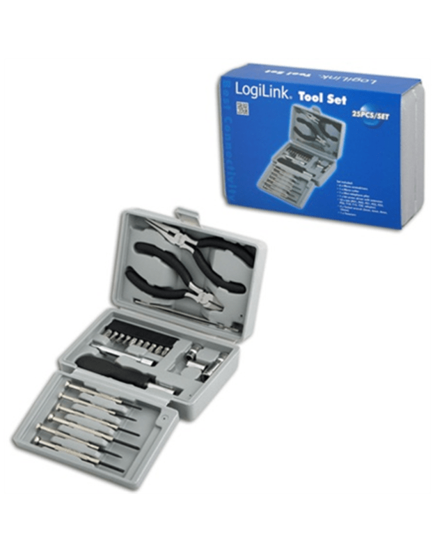 Logilink | Tool Set, 25pcs | Incl. transport boxThe set includes6x micro screwdrivers1x micro cutter1x mini telephone plier1x bit screwdriver with extension10x bits (PH1, PH2, PZ1, PZ2, PZ5, PZ6, T10, T15, T20, adaptor)4x socket wrench (5mm, 6mm, 8mm, 10m
