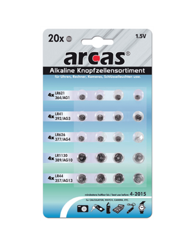 Arcas AG Set 4xAG1, 4xAG3, 4xAG4, 4xAG10, 4xAG13 Alkaline Buttoncell 20 pc(s)