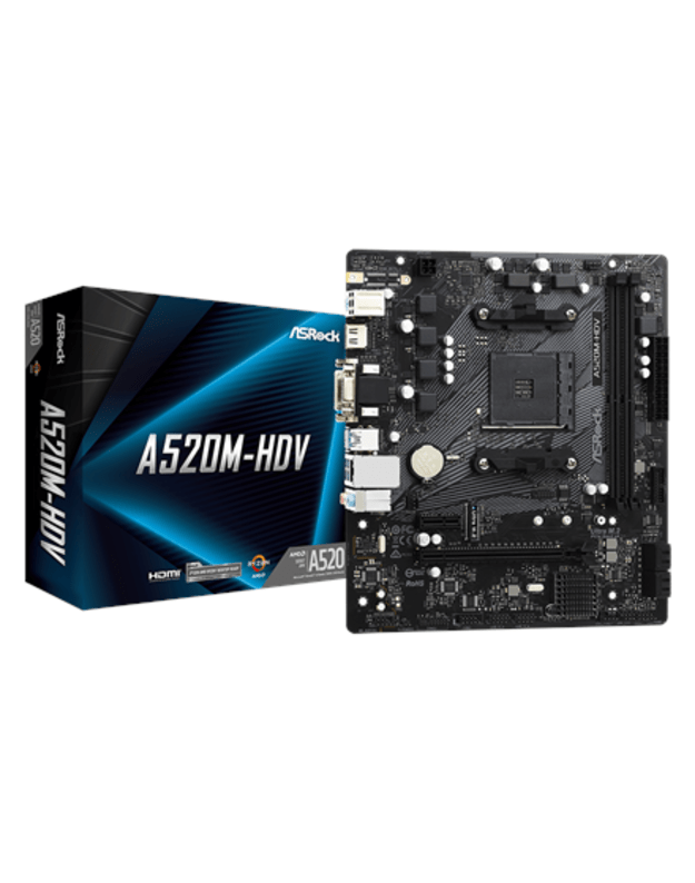 ASRock A520M-HDV Processor family AMD Processor socket AM4 DDR4 DIMM Memory slots 2 Supported hard disk drive interfaces SATA, M.2 Number of SATA connectors 4 Chipset AMD A520 Micro ATX