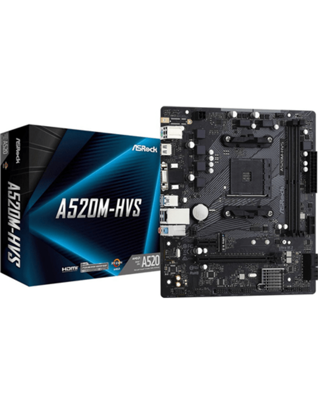 ASRock A520M-HVS Processor socket AM4 DDR4 DIMM Memory slots 2 Supported hard disk drive interfaces SATA3, M.2 Number of SATA connectors 4 Chipset AMD A520 Micro ATX