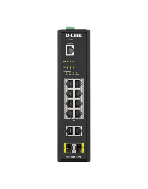 D-LINK DIS-200G-12PS L2 Managed Industrial Switch with 10 10/100/1000Base-T and 2 1000Base-X SFP ports D-Link Switch DIS-200G-12PS Managed L2 Wall mountable