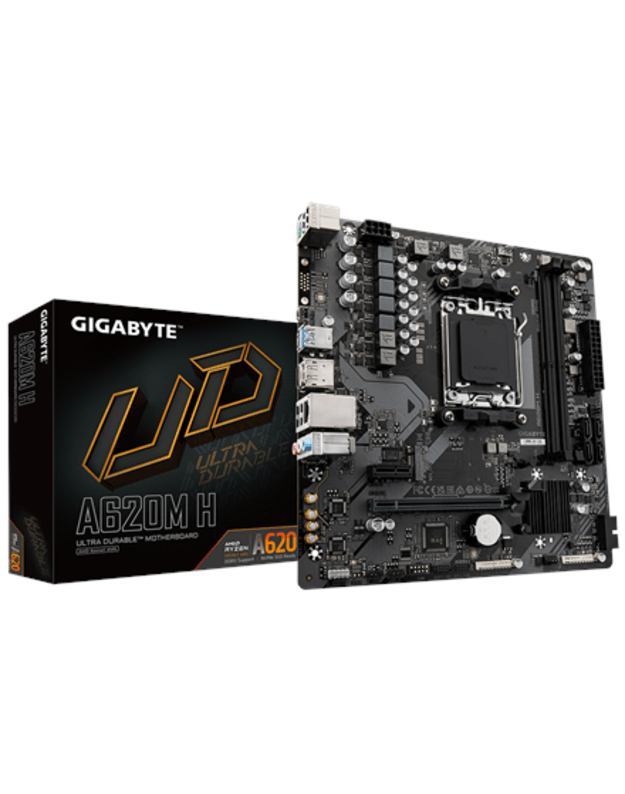 Gigabyte A620M H 1.0 M/B Processor family AMD, Processor socket AM5, DDR5 DIMM, Memory slots 2, Supported hard disk drive interfaces SATA, M.2, Number of SATA connectors 4, Chipset AMD A620, Micro ATX