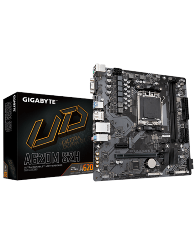 Gigabyte A620M S2H 1.0 M/B Processor family AMD, Processor socket AM5, DDR5 DIMM, Memory slots 2, Supported hard disk drive interfaces SATA, M.2, Number of SATA connectors 4, Chipset AMD A620, Micro ATX
