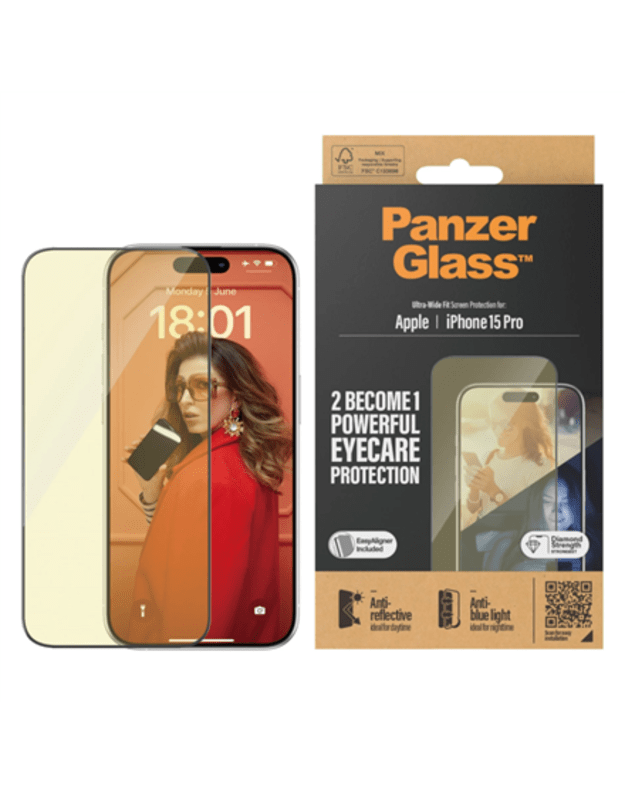 PanzerGlass Screen protector Apple iPhone 15 Pro Glass Clear Eyecare Ultra-Wide Fit Easy installation Fingerprint resistant Anti-blue light Anti-reflective Anti-yellowing